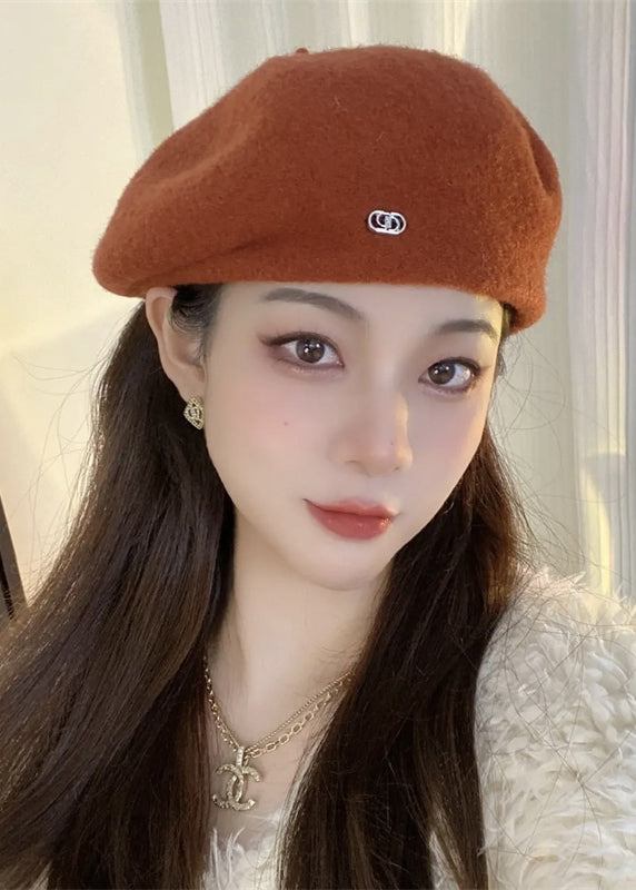 Rust Letter Patchwork Woolen Beret Hat