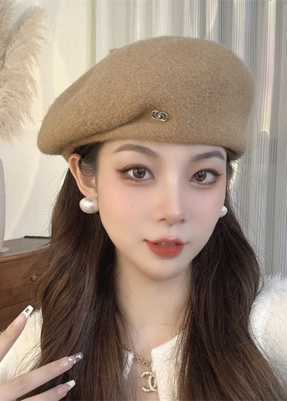 Rust Letter Patchwork Woolen Beret Hat
