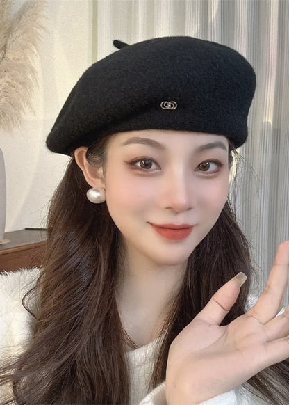 Rust Letter Patchwork Woolen Beret Hat
