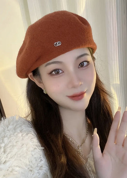 Rust Letter Patchwork Woolen Beret Hat
