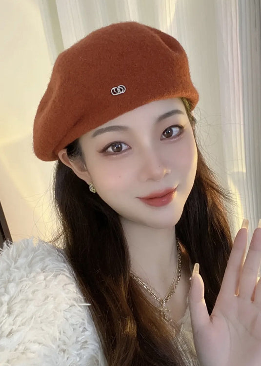 Rust Letter Patchwork Woolen Beret Hat