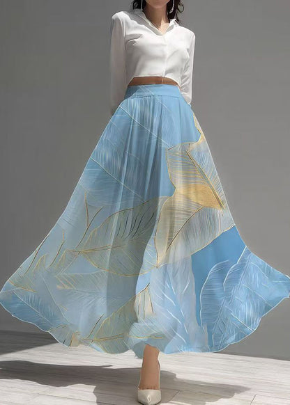 Sea Blue Leaf Print Chiffon Holiday Skirt Summer