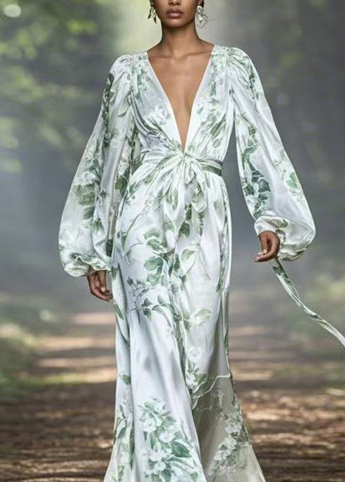 V Neck Print Silk Maxi Dress Spring