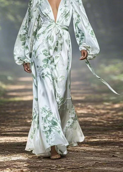 V Neck Print Silk Maxi Dress Spring