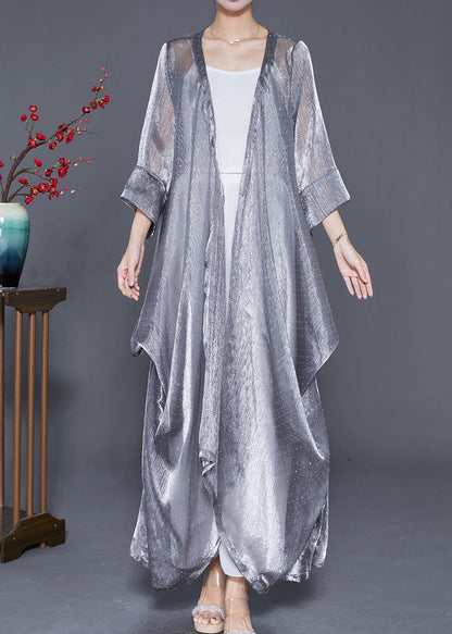 Silver Oversized Wrinkled Silk Long Cardigan Summer