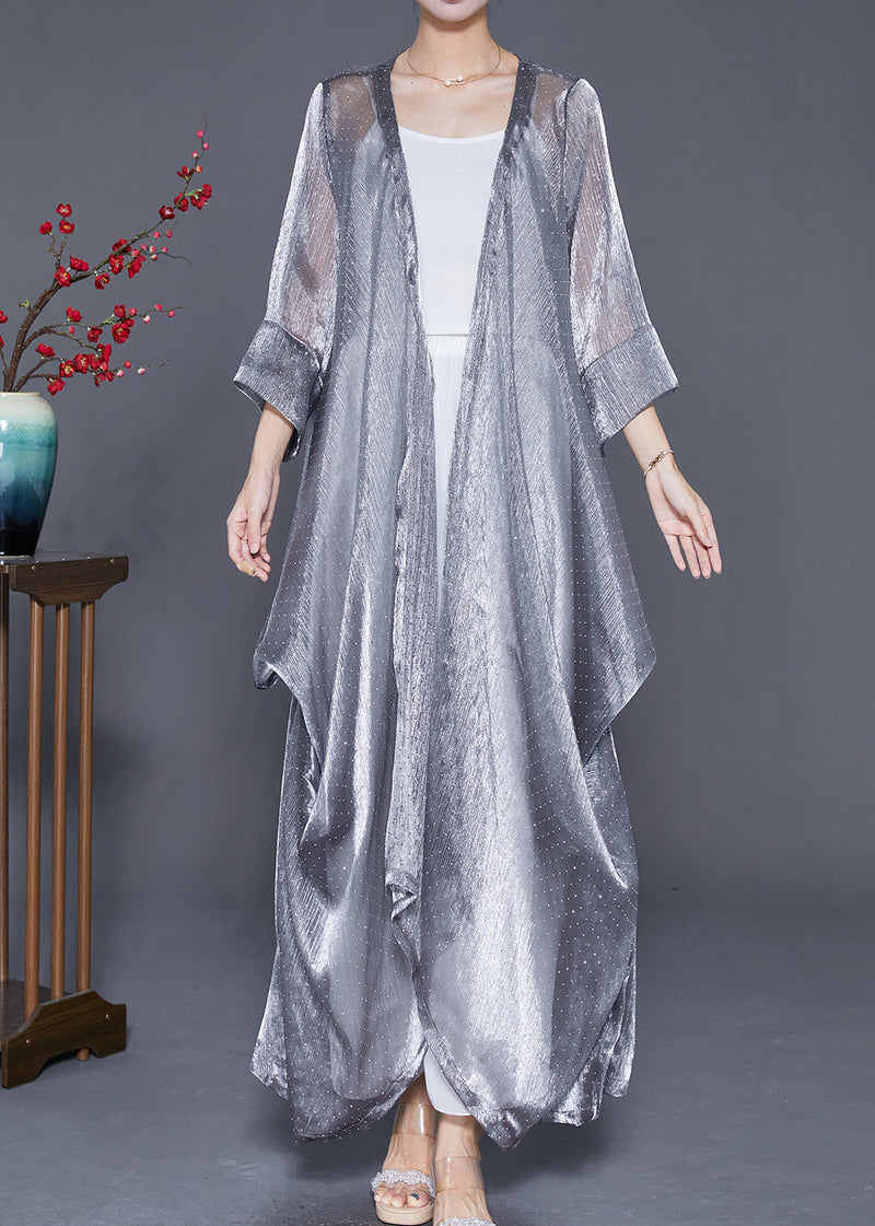 Silver Oversized Wrinkled Silk Long Cardigan Summer