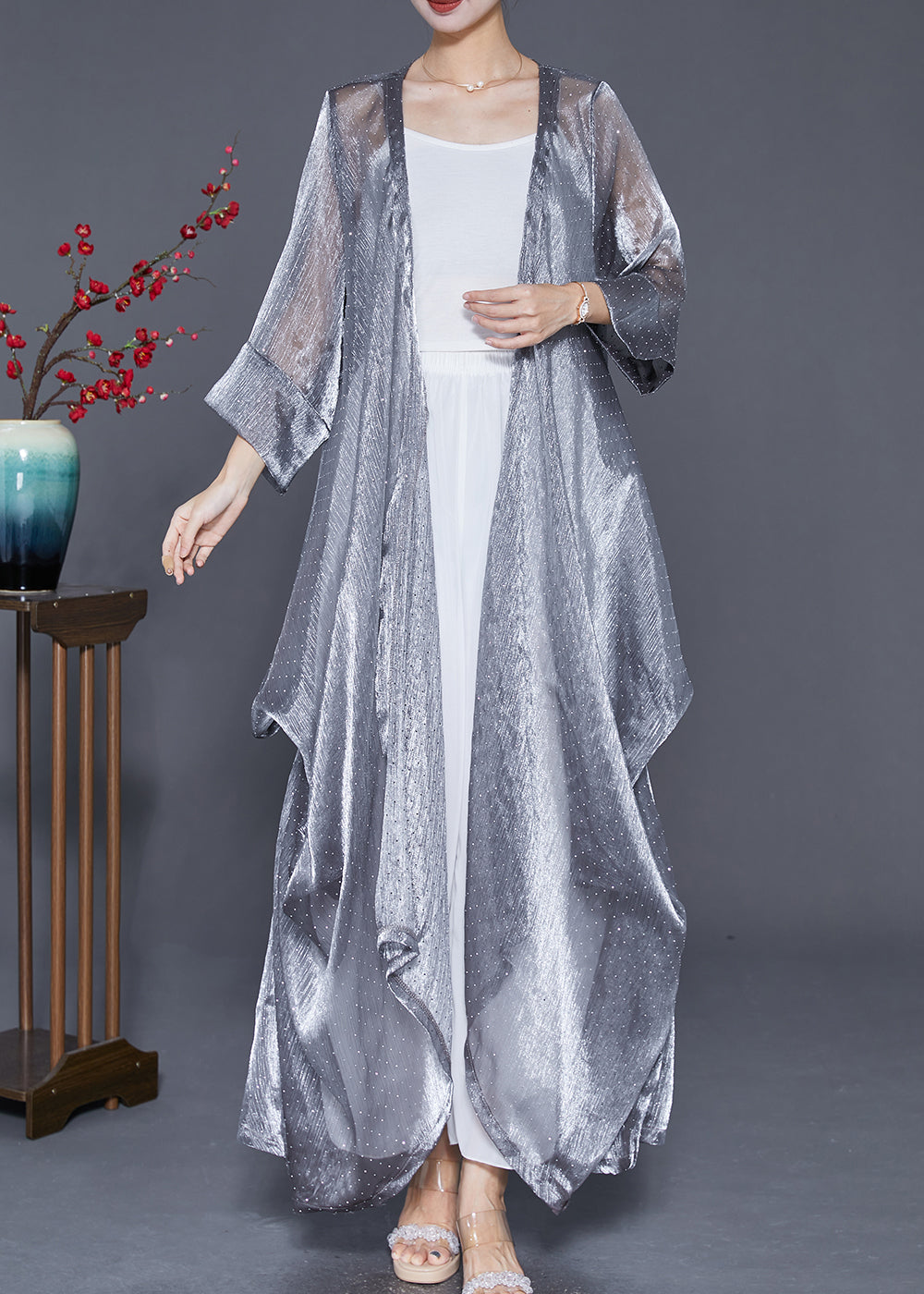 Silver Oversized Wrinkled Silk Long Cardigan Summer