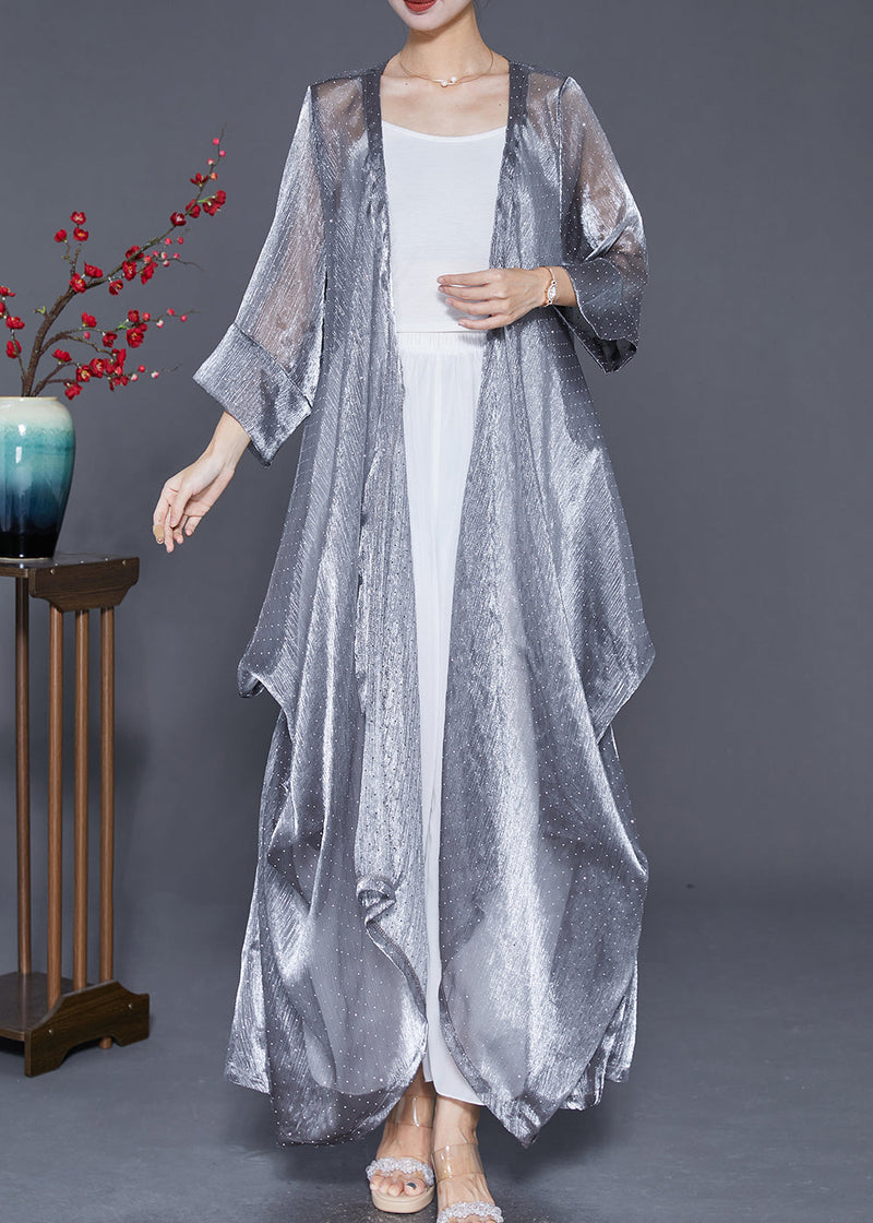 Silver Oversized Wrinkled Silk Long Cardigan Summer