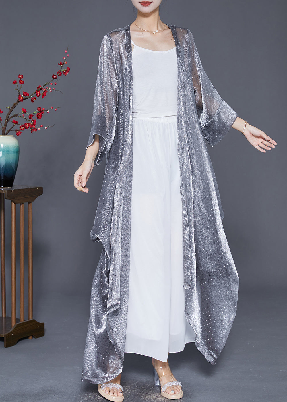 Silver Oversized Wrinkled Silk Long Cardigan Summer
