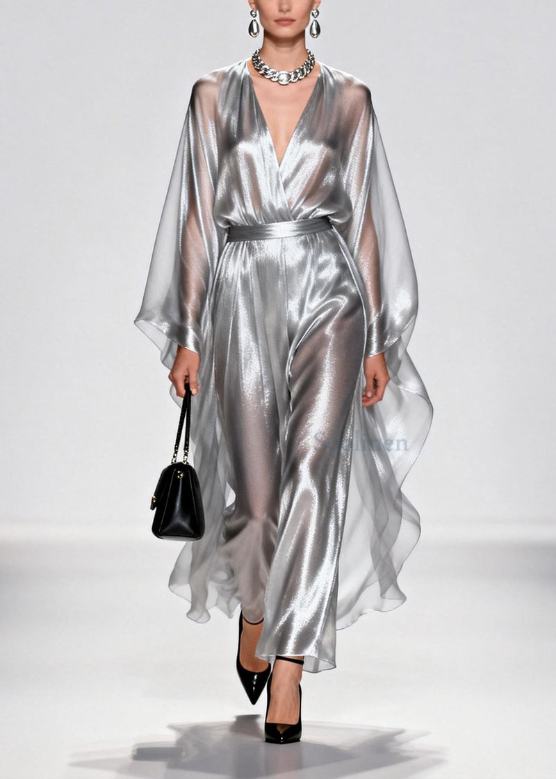 Silvery Tunic Draping Chiffon Long Dress Summer
