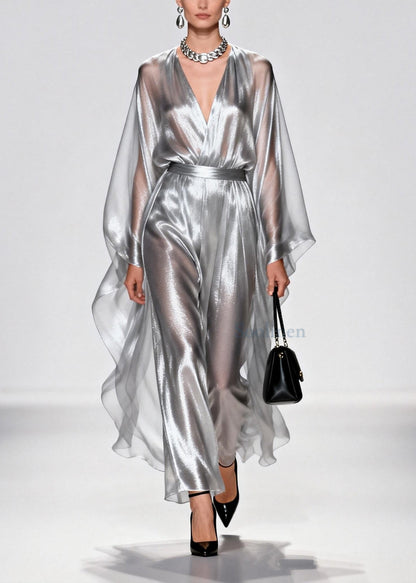 Silvery Tunic Draping Chiffon Long Dress Summer