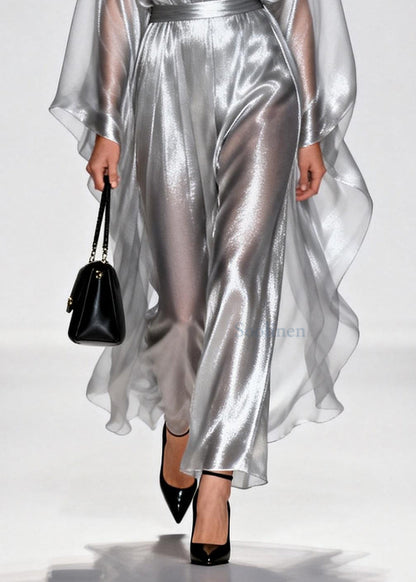 Silvery Tunic Draping Chiffon Long Dress Summer