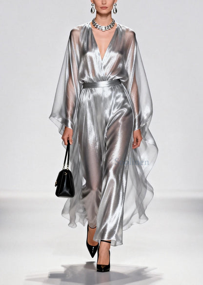 Silvery Tunic Draping Chiffon Long Dress Summer