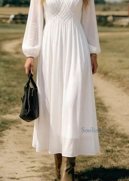 Simple White V Neck Chiffon Long Dress Spring