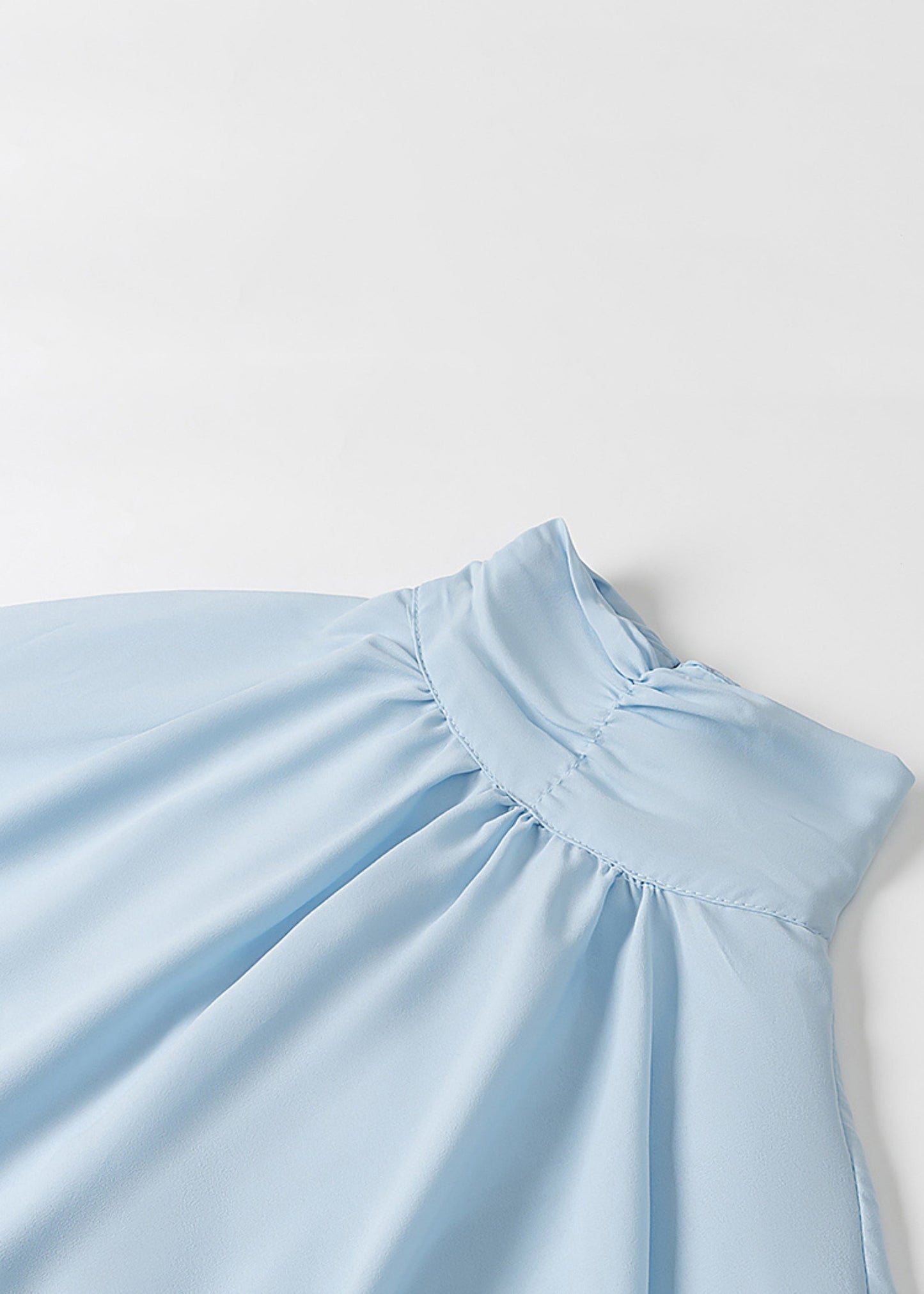 Sky Blue Button Wrinkled Chiffon Mini Dress Batwing Sleeve