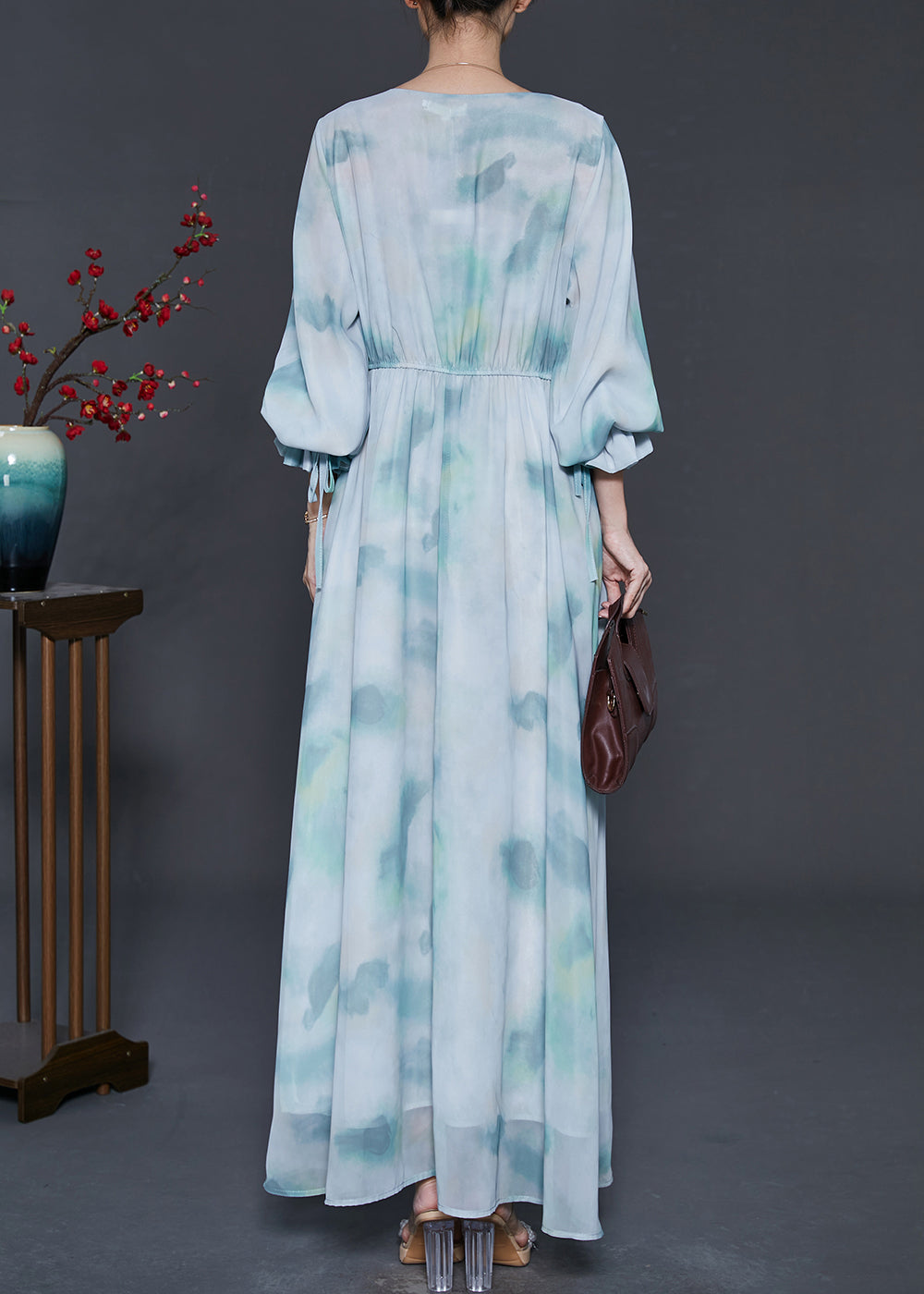Sky Blue V Neck Tie Dye Chiffon Dress Summer