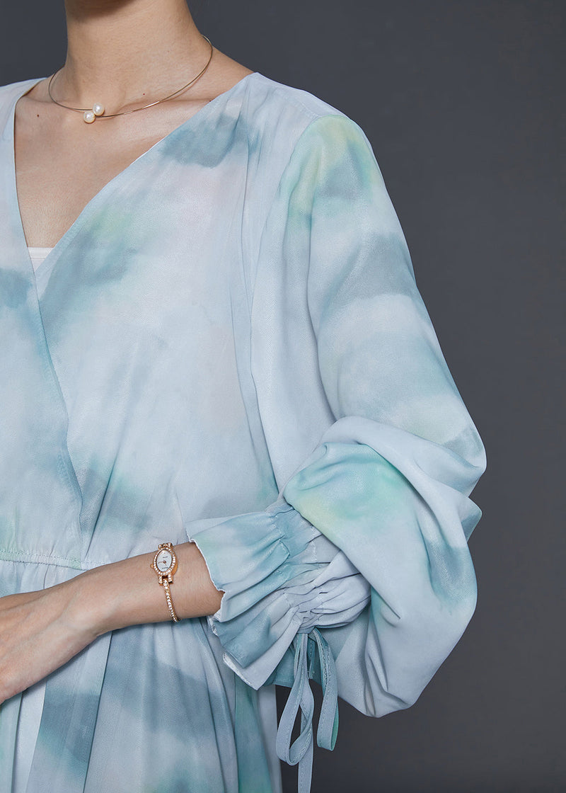 Sky Blue V Neck Tie Dye Chiffon Dress Summer
