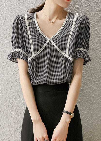Small Plaid Ruffled Patchwork Silk Tops Summer