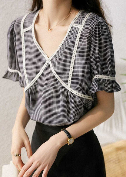 Small Plaid Ruffled Patchwork Silk Tops Summer
