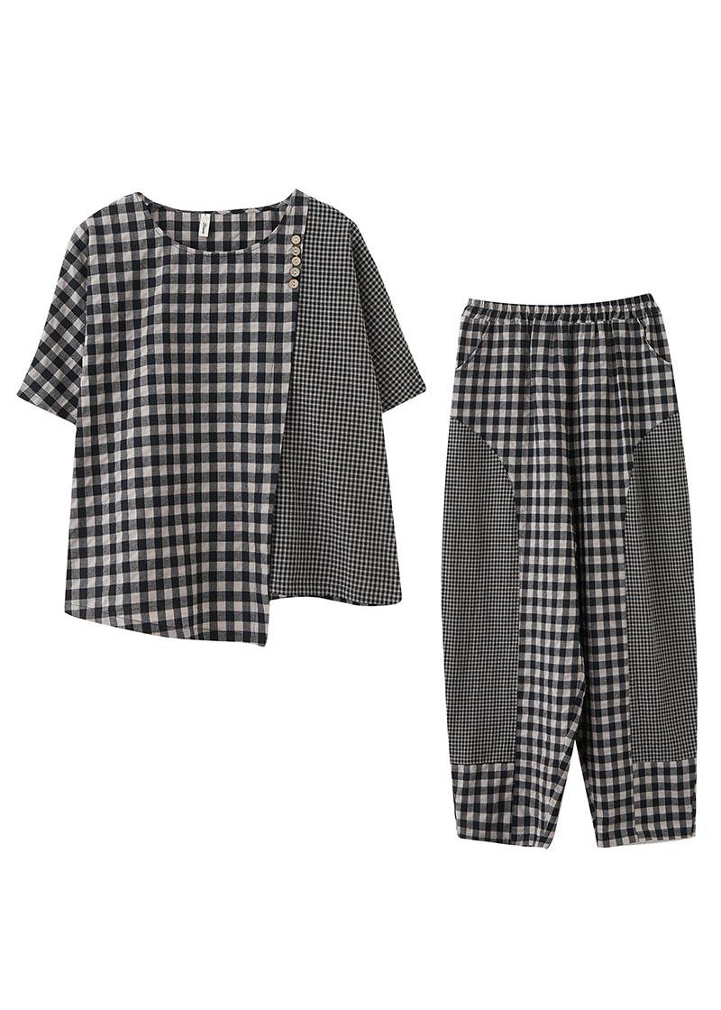 Small Grid Patchwork Asymmetrical Design Two Piece Set Clothing