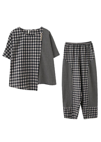 Small Grid Patchwork Asymmetrical Design Two Piece Set Clothing