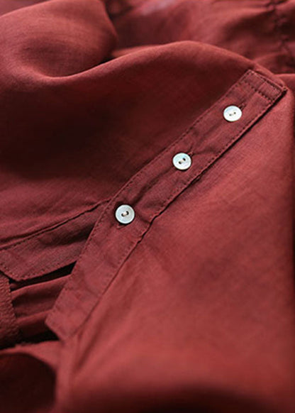 Red V Neck Wrinkled Low High Design Linen Shirts Short Sleeve