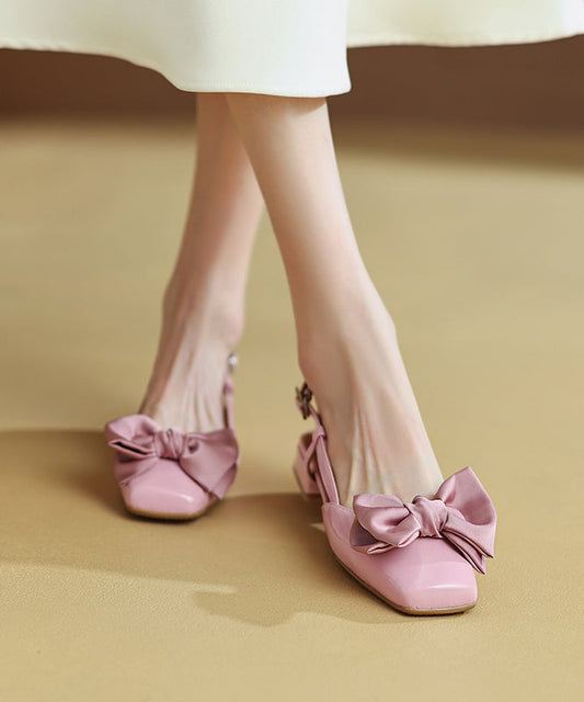 Splicing Bow Chunky Sandals Pink Cowhide Leather