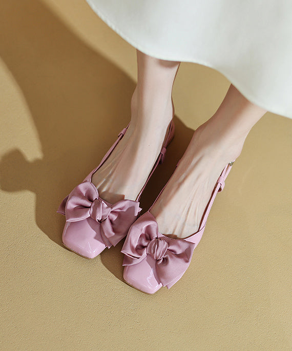 Splicing Bow Chunky Sandals Pink Cowhide Leather