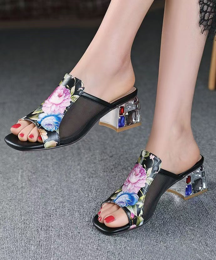 Splicing Chunky Black Cowhide Leather Peep Toe Slide Sandals