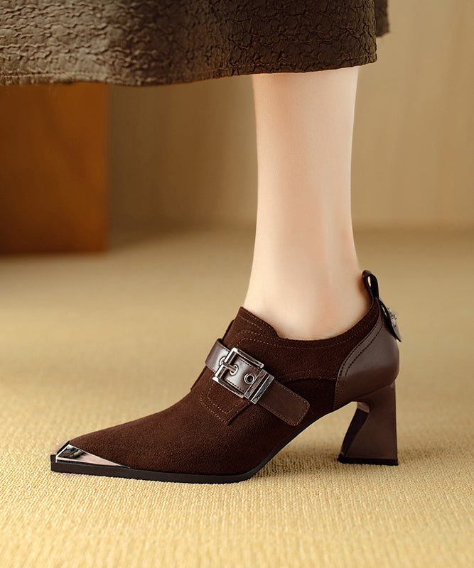 Splicing Chunky High Heels Brown Suede Pointed Toe