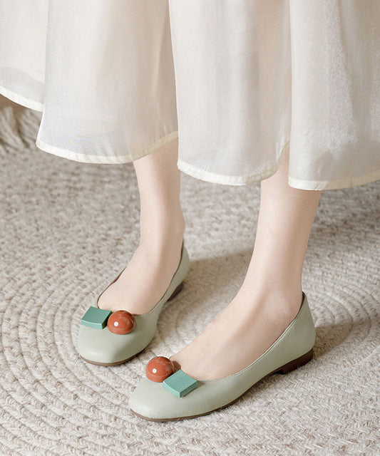 Splicing Flat Shoes Light Green Cowhide Leather