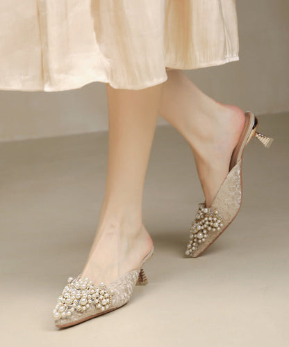 Splicing High Heel Blue Slide Sandals Nail Bead Pointed Toe