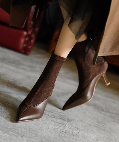 Splicing High Heel Boots Brown Cowhide Leather
