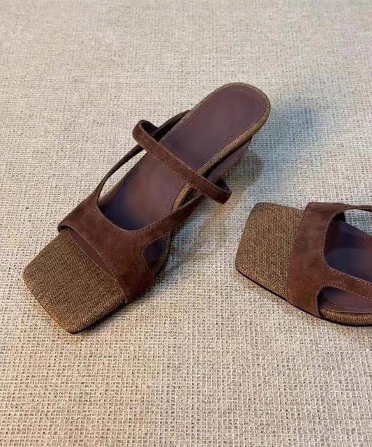 Splicing High Heel Slide Sandals Brown Suede