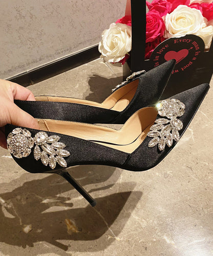 Splicing Stiletto High Heels Pointed Toe Black Satin Zircon