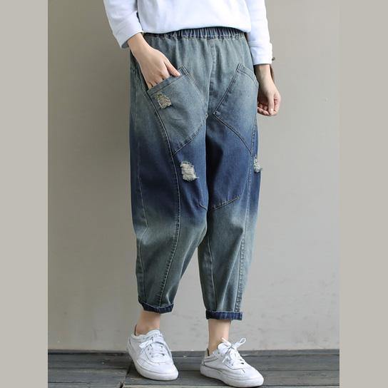 Spring Pants Stylish Denim Dark Blue Shape Elastic Waist Hole Wild Pants