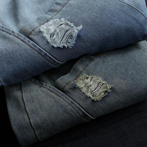 Spring Pants Stylish Denim Dark Blue Shape Elastic Waist Hole Wild Pants