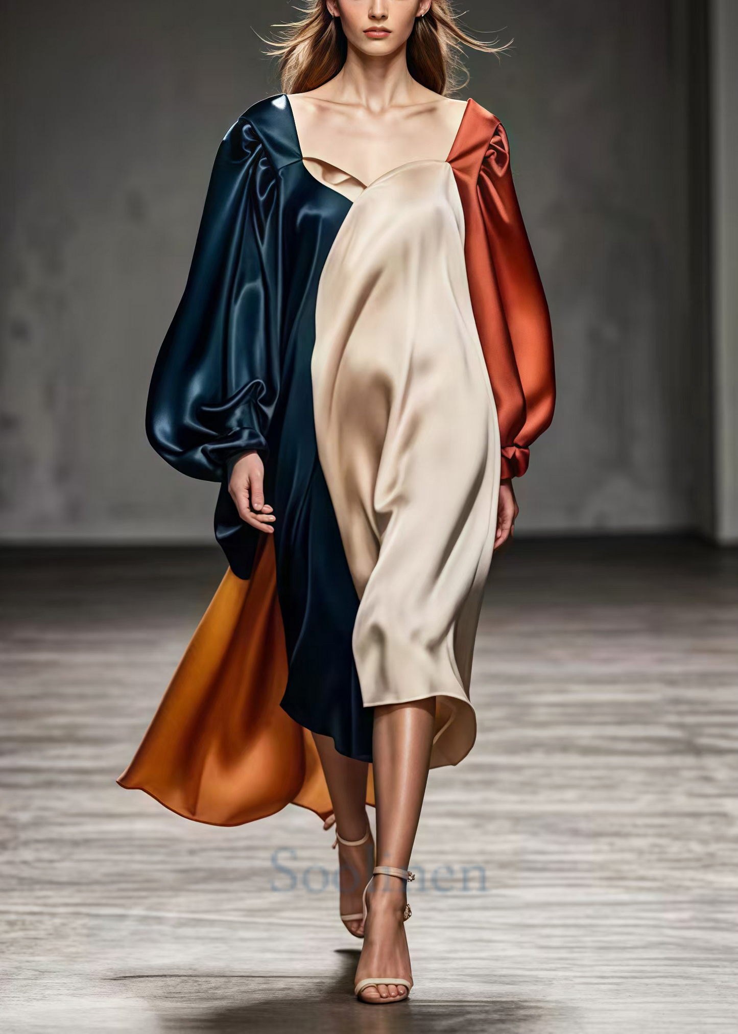 Square Collar Asymmetrical Patchwork Silk Dresses Lantern Sleeve