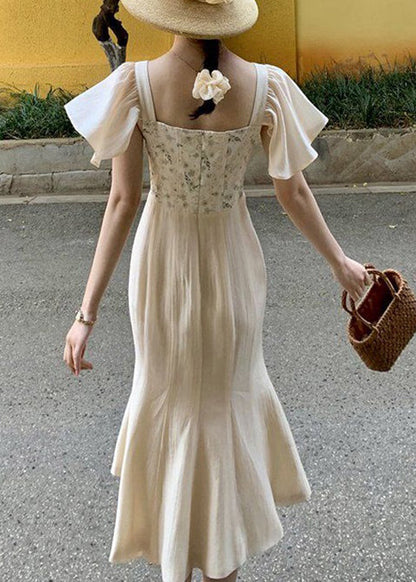 Square Collar Print Patchwork Silk Dress Summer