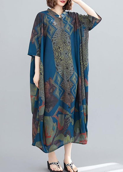 Stand Collar Summer Tunics Blue Abstract Pattern Long Dress