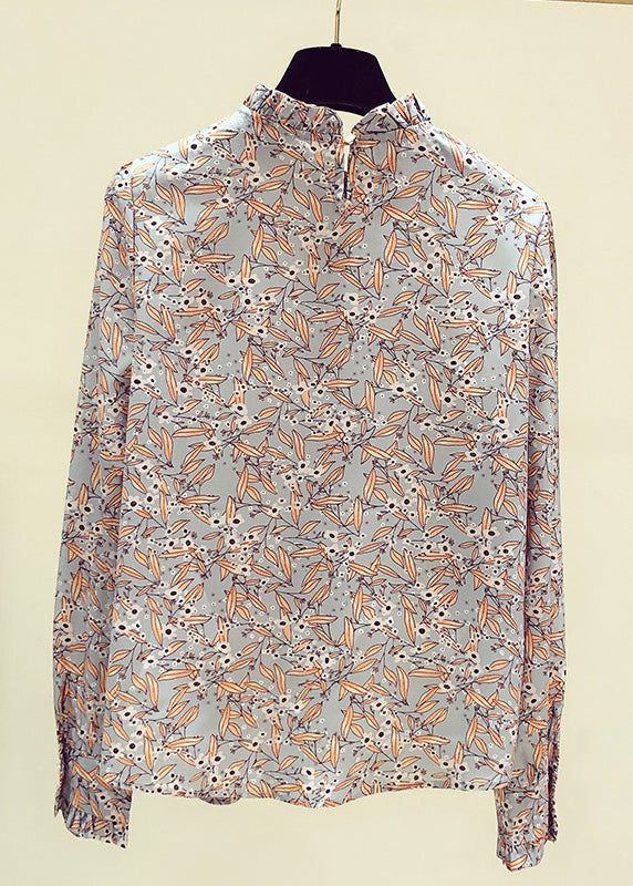 Stand Collarc Ruffled Print Chiffon Shirts Spring