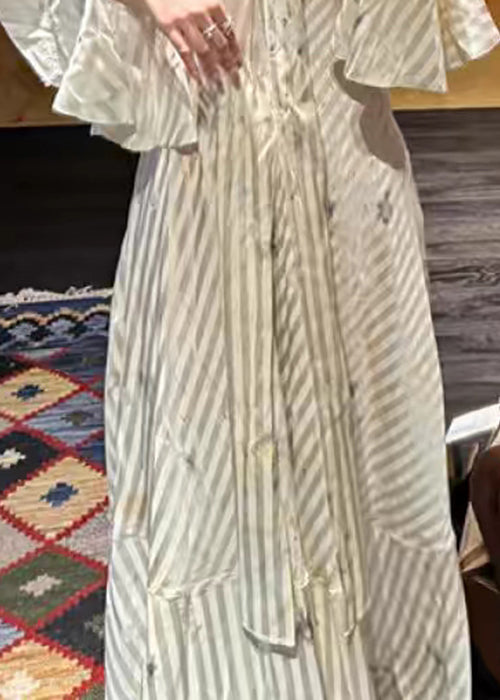Striped Bow High Waist Long Dress Flare Sleeve