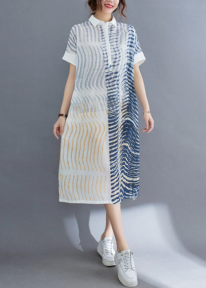 Striped Button Cotton Long Dress Short Sleeve