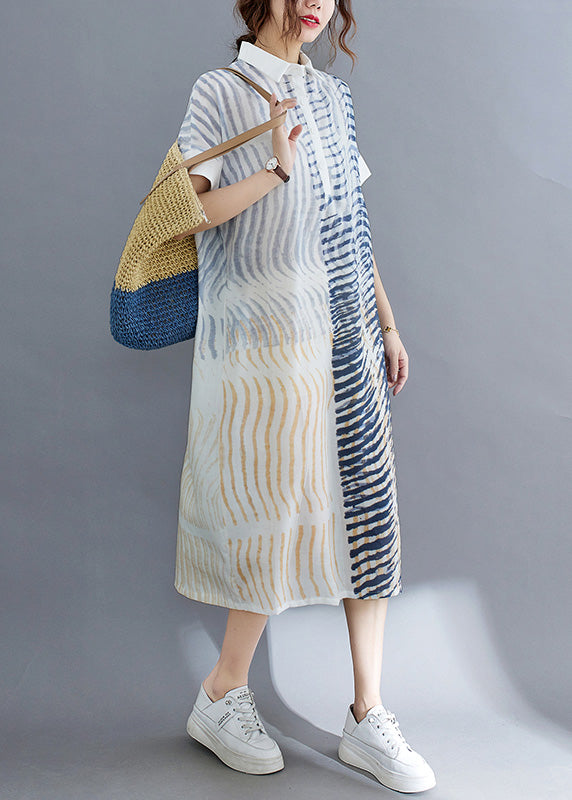 Striped Button Cotton Long Dress Short Sleeve
