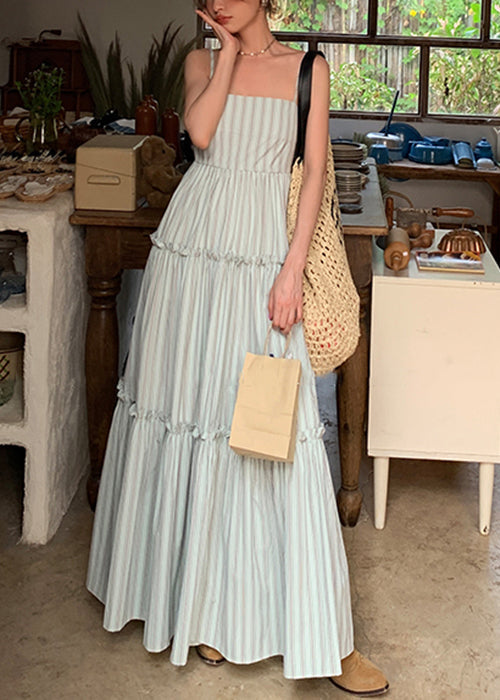 Striped Ruffled High Waist Cotton Spaghetti Strap Dress Sleeveless