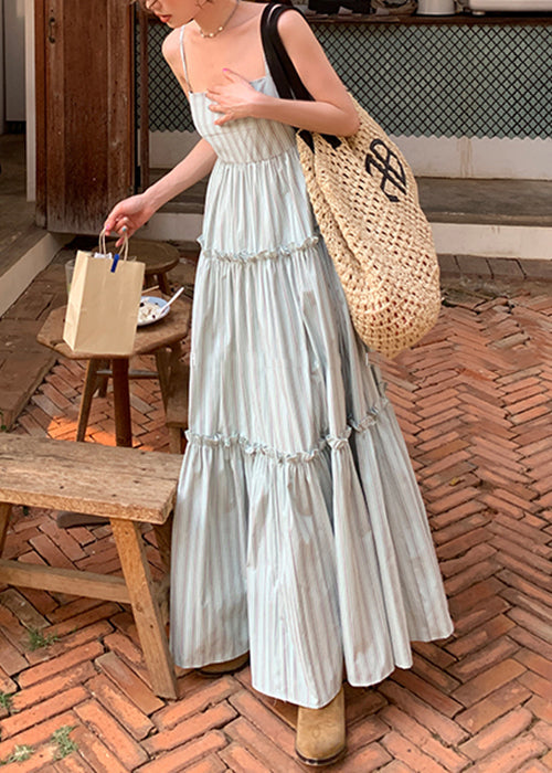 Striped Ruffled High Waist Cotton Spaghetti Strap Dress Sleeveless