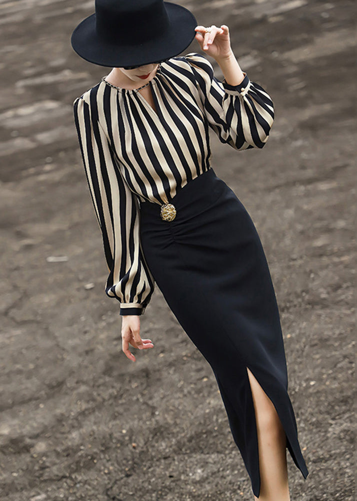 Striped Side Open Patchwork Cotton Long Dress Fall