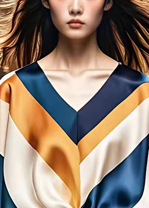 Striped V Neck Drawstring Silk Top Half Sleeve