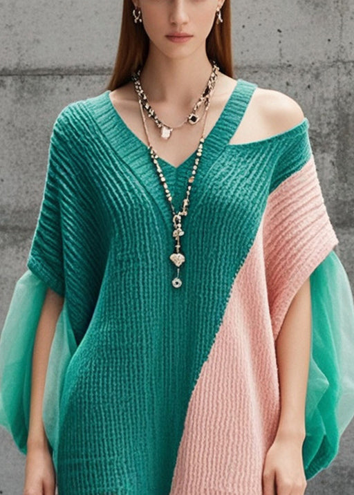 Tea Green Cold Shoulder Patchwork Tulle Long Sweater Fall