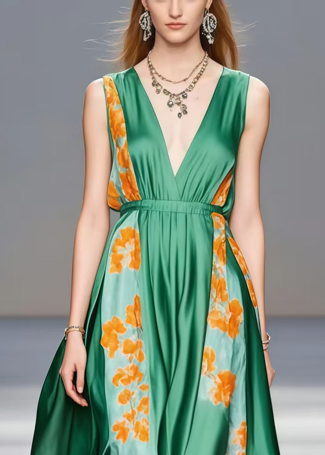 Tea Green V Neck Patchwork Silk Holiday Dress Sleeveless